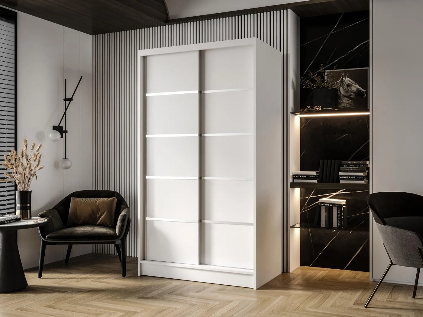 Zweitüriger Schiebeschrank DETROIT D4, Regalböden und Kleiderstange (Weiß)