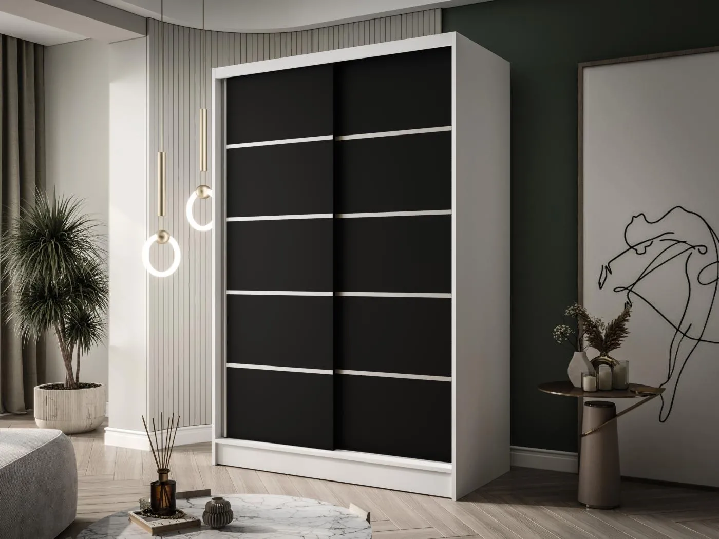 Zweitüriger SchiebeschrankLAUSANNE L4, Regalböden und Kleiderstange (Weiß/Schwarz)