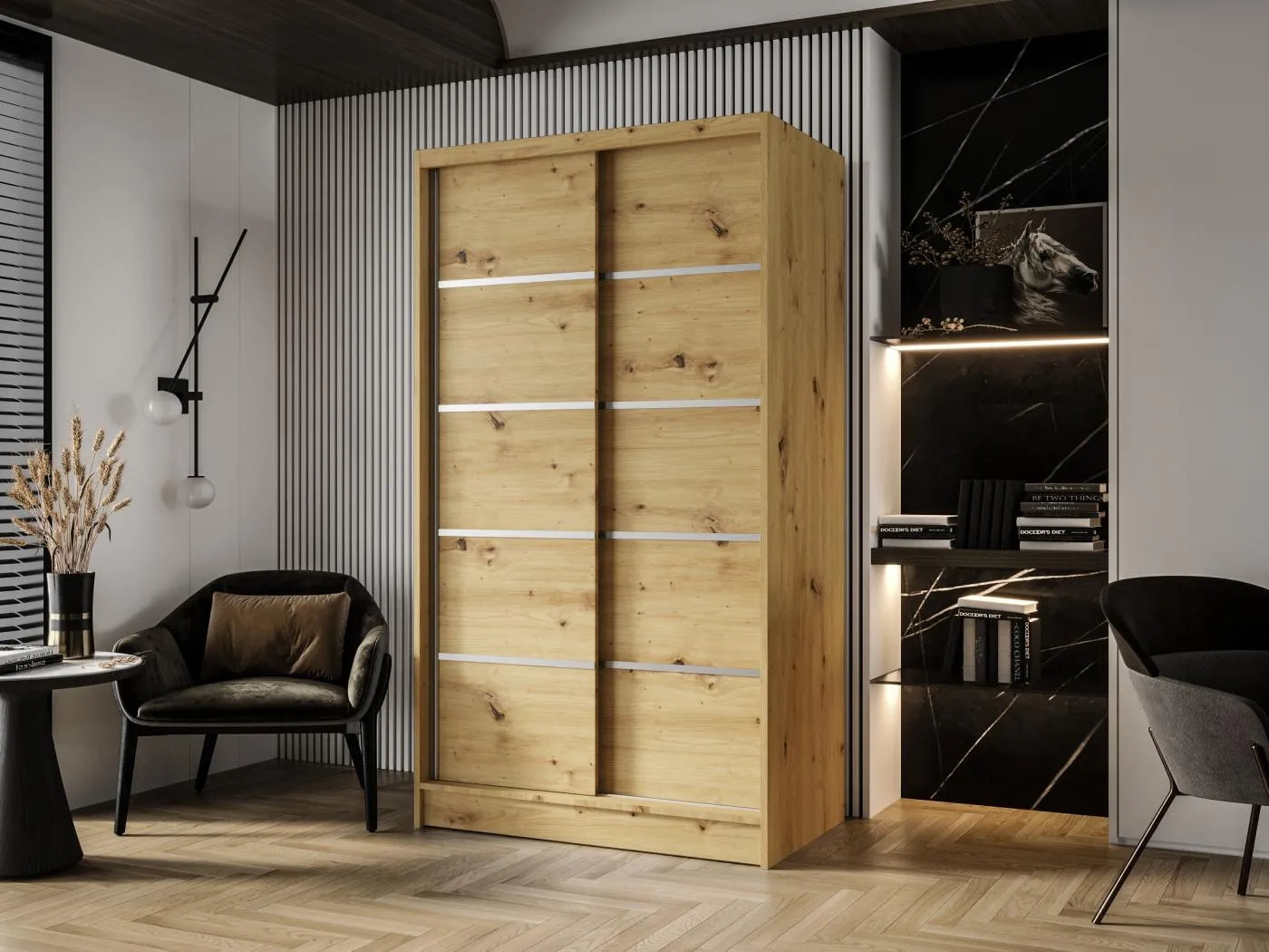 Zweitüriger Schiebeschrank DETROIT D4, Regalböden und Kleiderstange (Artisan)