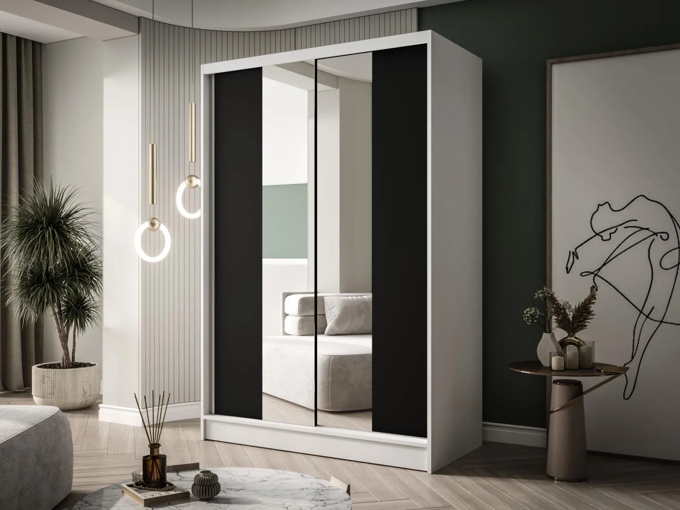 Zweitüriger Schiebeschrank mit Spiegel LAUSANNE L2, Regalböden und Kleiderstange (Weiß/Schwarz)