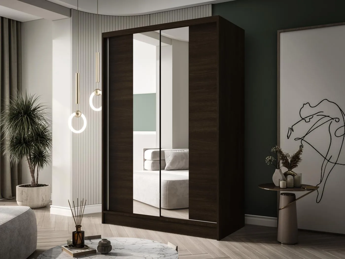 Zweitüriger Schiebeschrank mit Spiegel LAUSANNE L2, Regalböden und Kleiderstange (Choco)