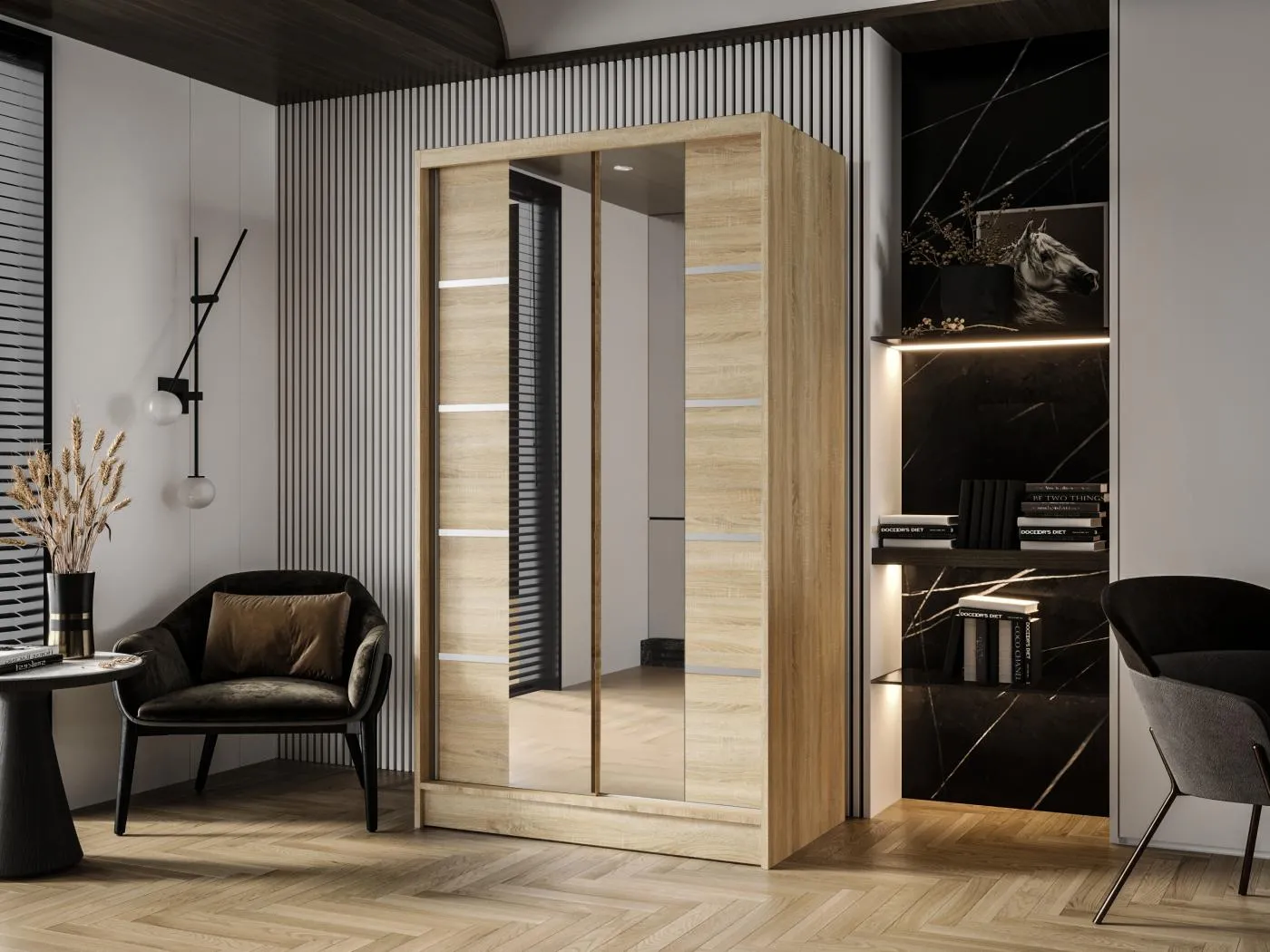 Zweitüriger Schiebeschrank mit Spiegel DETROIT D5, Regalböden und Kleiderstange (Sonoma)