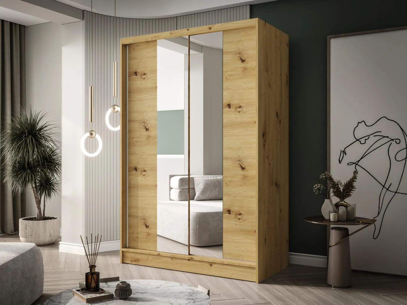 Zweitüriger Schiebeschrank mit Spiegel LAUSANNE L2, Regalböden und Kleiderstange (Artisan)