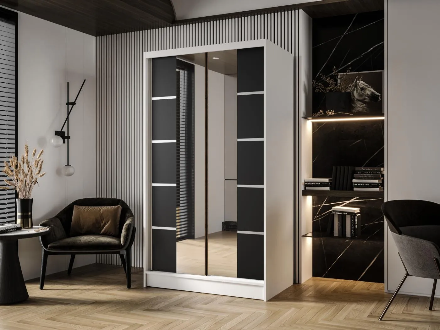 Zweitüriger Schiebeschrank mit Spiegel DETROIT D5, Regalböden und Kleiderstange (Weiß/Schwarz)