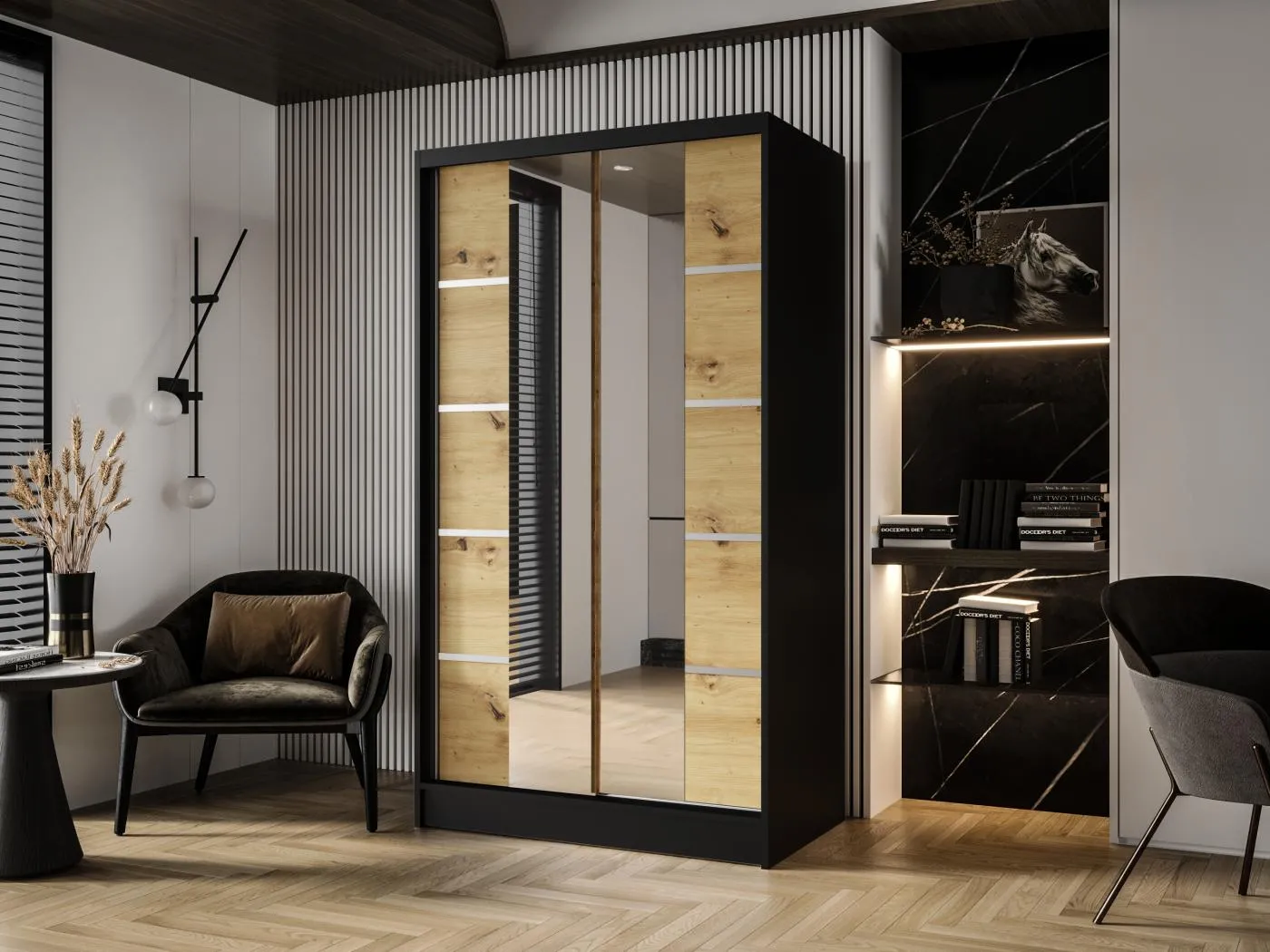 Zweitüriger Schiebeschrank mit Spiegel DETROIT D5, Regalböden und Kleiderstange (Schwarz/Artisan)