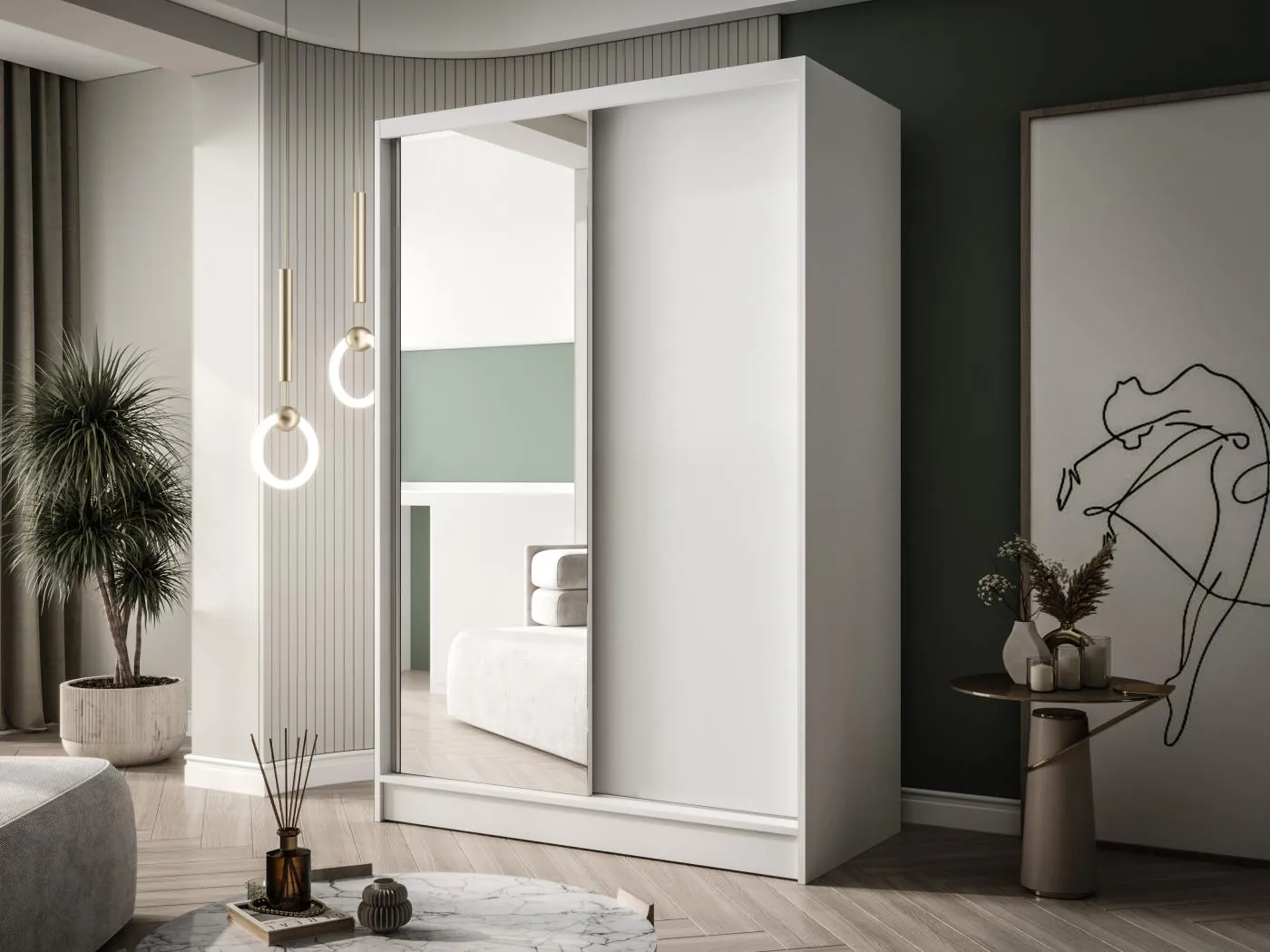 Zweitüriger Schiebeschrank mit Spiegel LAUSANNE L1, Regalböden und Kleiderstange (Weiß)