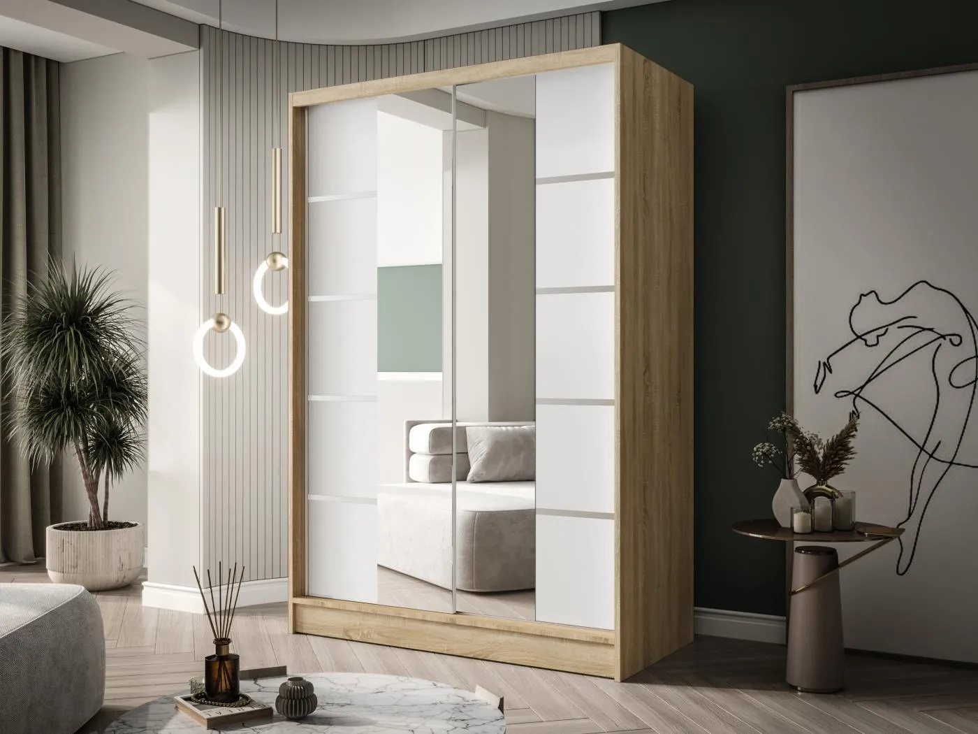 Zweitüriger Schiebeschrank mit Spiegel LAUSANNE L5, Regalböden und Kleiderstange (Sonoma/Weiß)