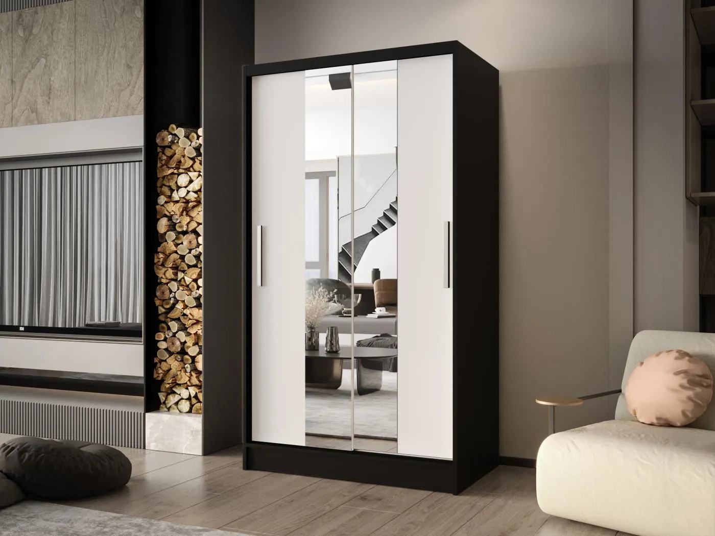 Zweitüriger Schiebeschrank mit Spiegel CHICAGO CA2, Regalböden und Kleiderstange (Schwarz/Weiß)