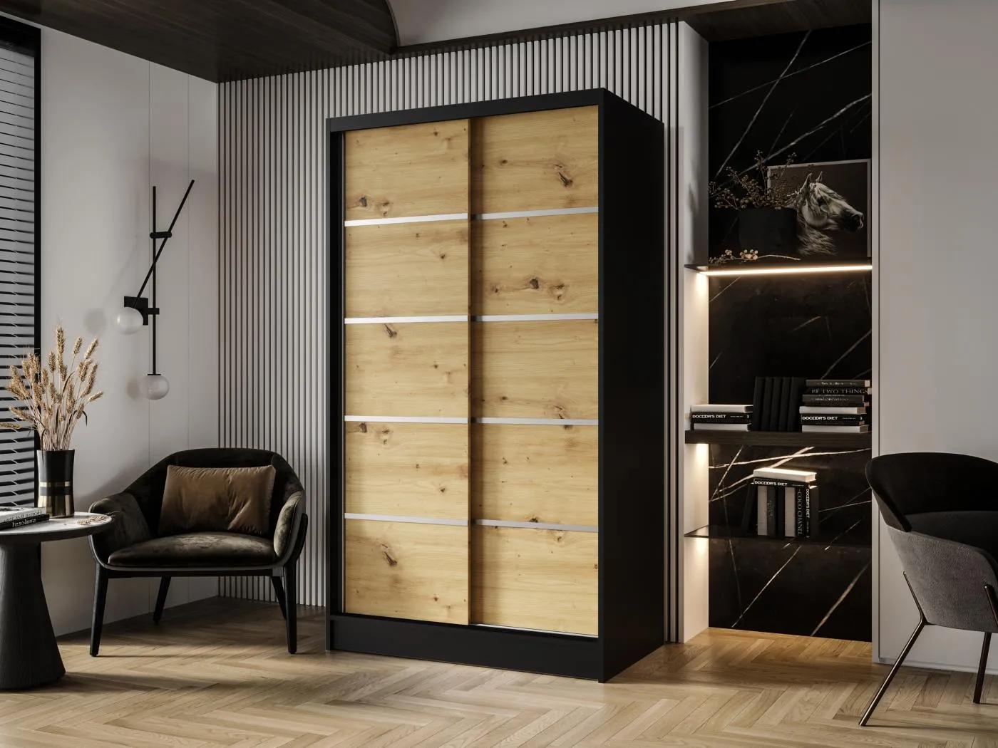 Zweitüriger Schiebeschrank DETROIT D4, Regalböden und Kleiderstange (Schwarz/Artisan)