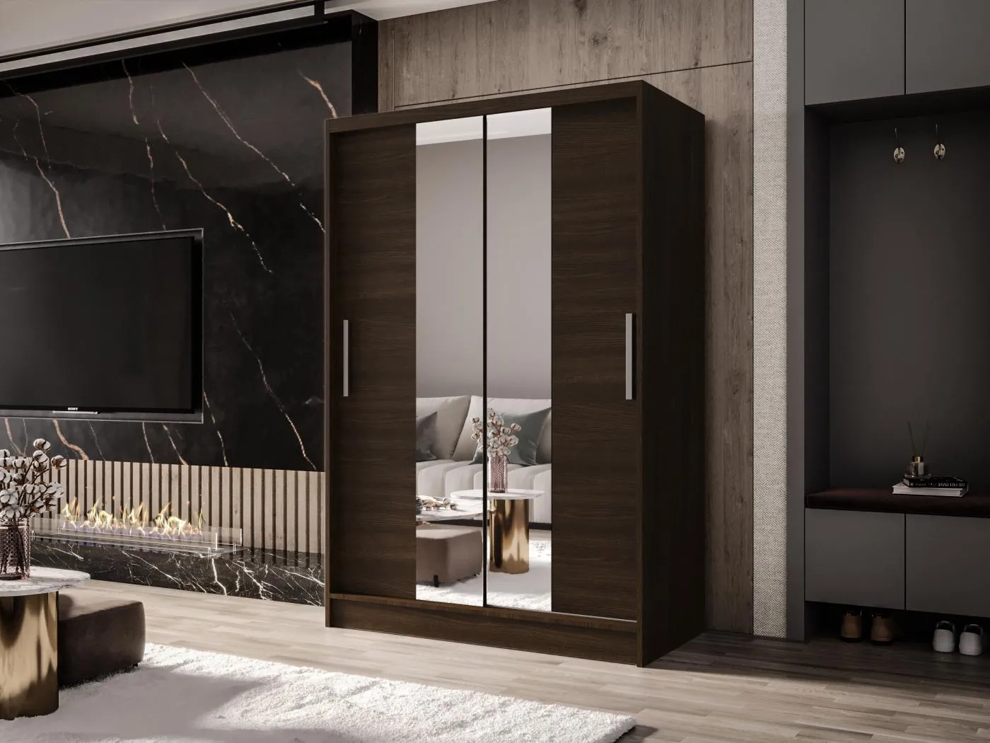 Zweitüriger Schiebeschrank mit Spiegel MESA M2 Choco mit Regalböden und Kleiderstange