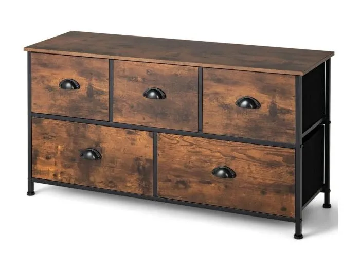 2-stöckige Rustikale Kommode mit 5 Schubladen & Faltbaren Stoffschubladen Braun