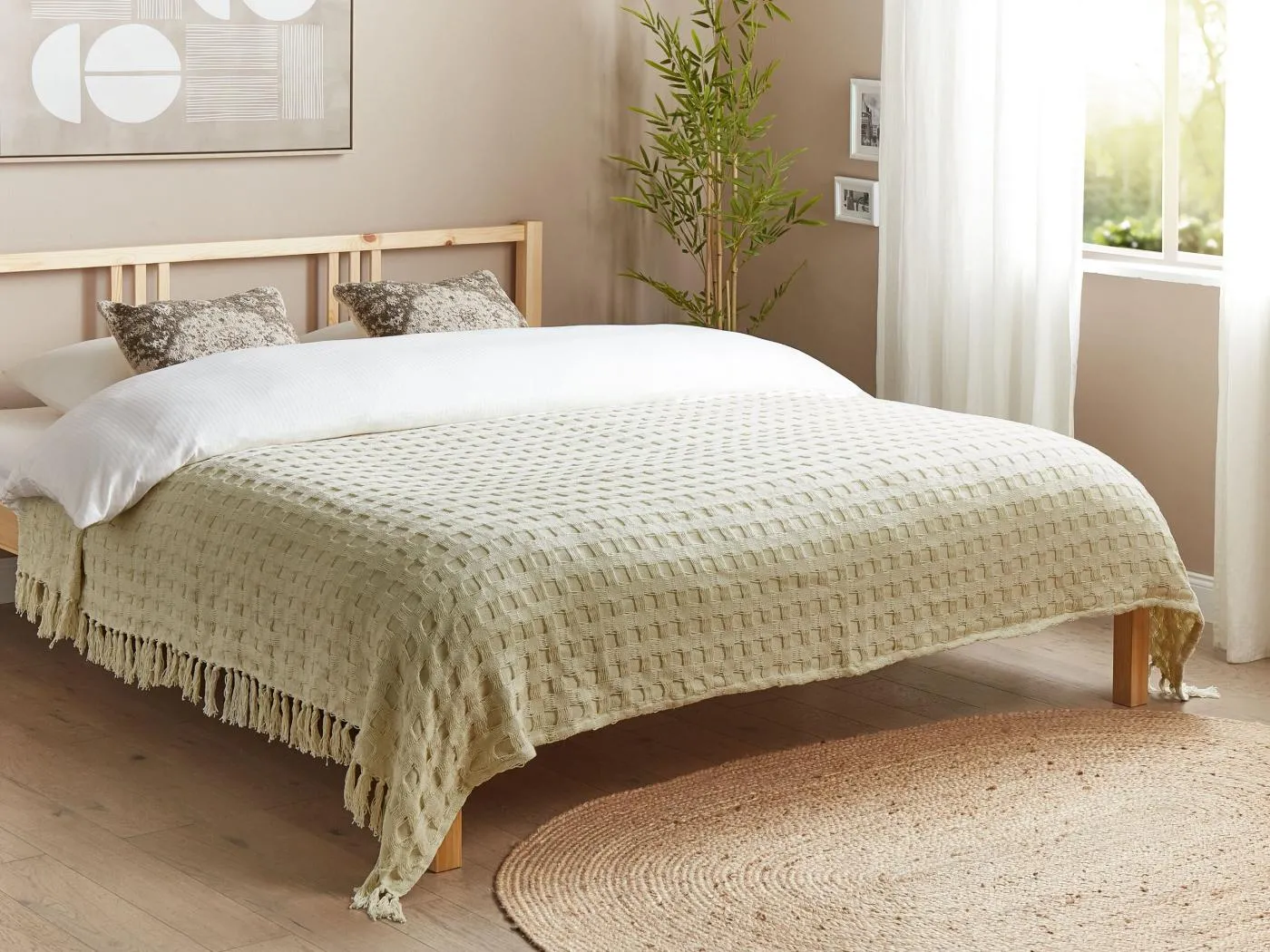 Tagesdecke Baumwolle creme weiß 200x220 cm strukturiert mit Fransen modern Bere