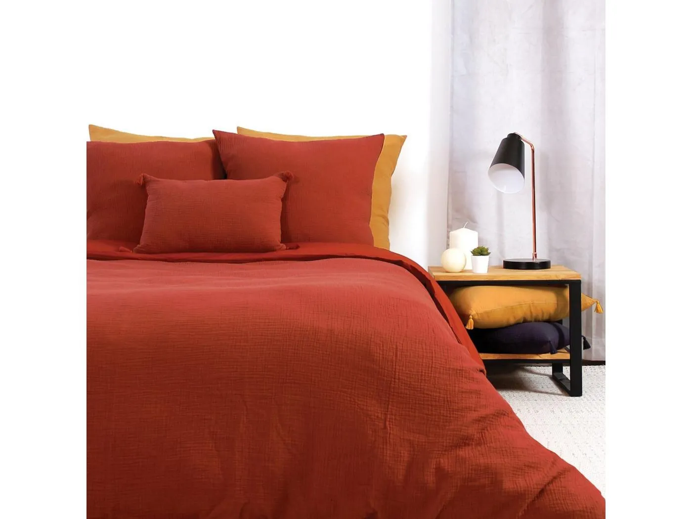 Bettwäsche-Set Doppelter Gaze aus Baumwolle Ocker 240x260 + 2 Kissenbezüge 63x63 cm