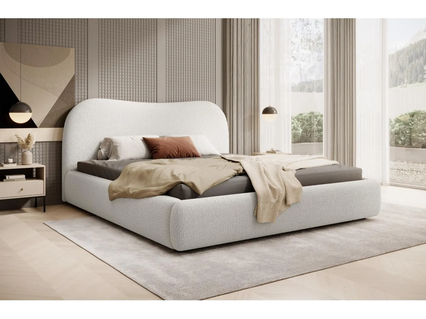 Polsterbett mit Bouclé-Bezug und Stauraum - Creme - 140x200 cm - SIMSALO