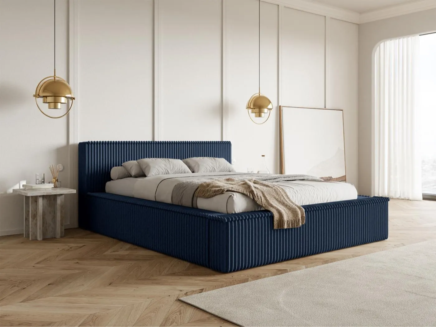 Polsterbett mit Breitcord-Bezug und Stauraum - Dunkelblau - 140x200 cm - AFFOLIO