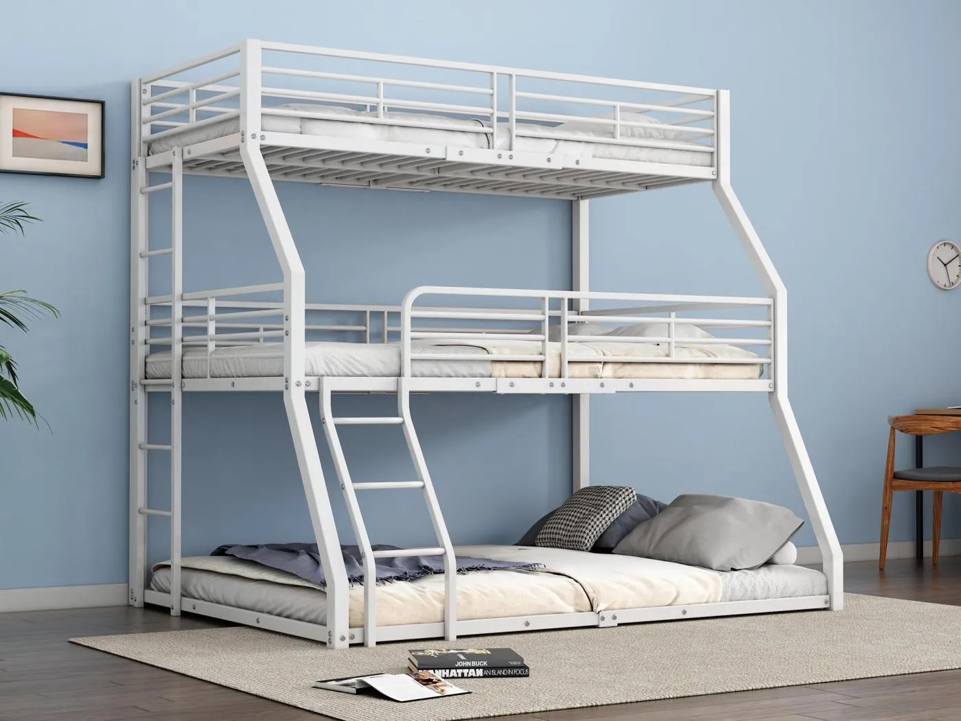 Dreifach-Etagenbett – 2 x 90 x 200 cm und 140 x 200 cm – Eisenrahmen – Weiß