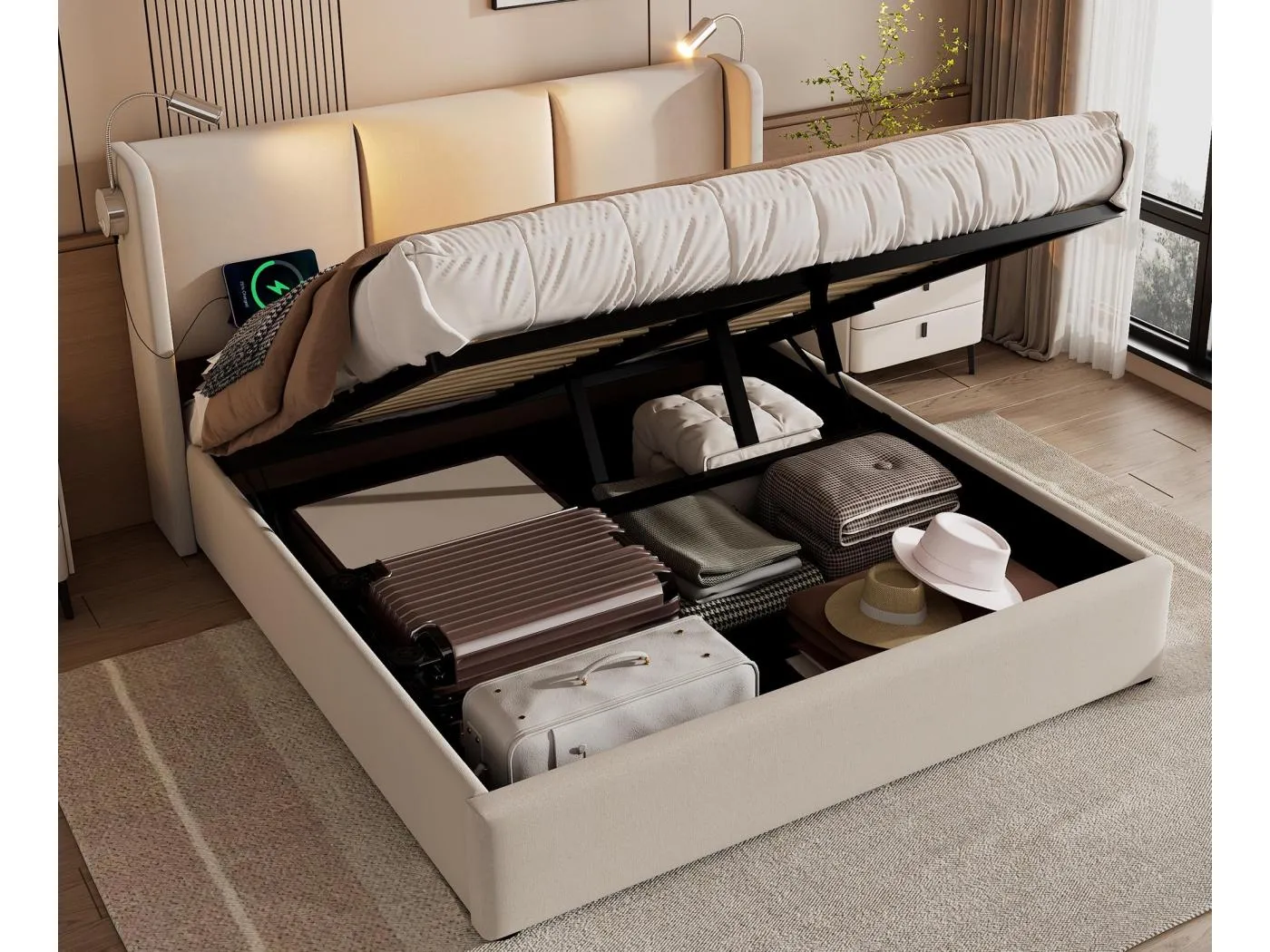 140 x 200 cm großes Stauraumbett aus Leinenstoff – mit Leselampen und USB-Ladeanschlüssen – mit Lattenrost – Beige