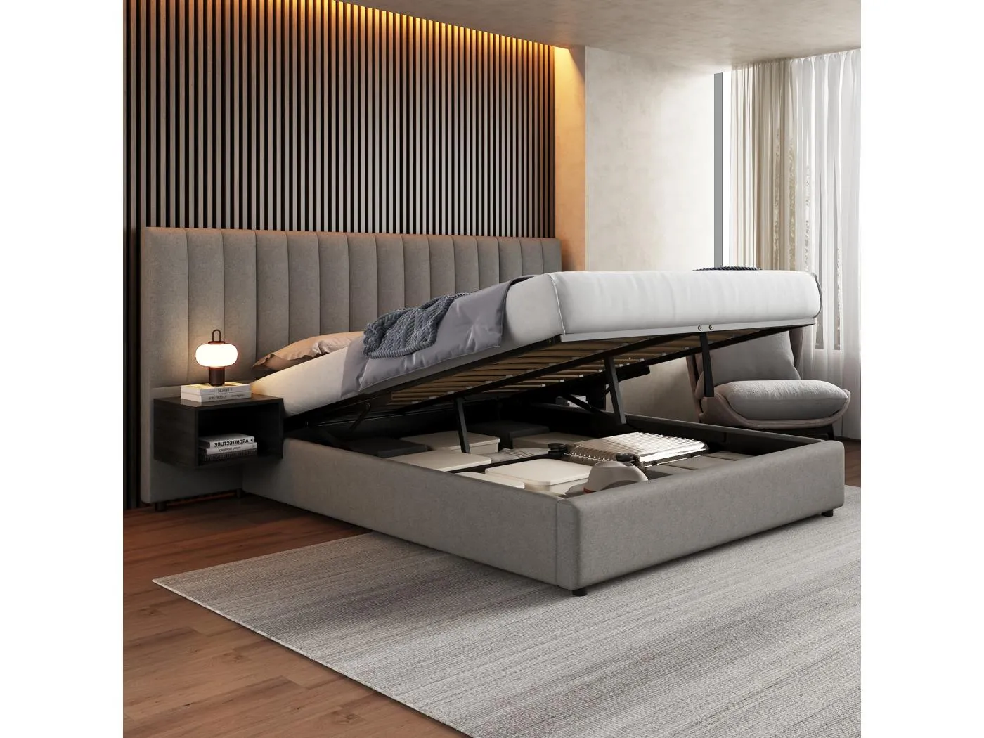 Bettkasten 160 x 200 cm mit großem Kopfteil und 2 Nachttischen – Leinenstoff – Grau + Schwarz (ohne Matratze)