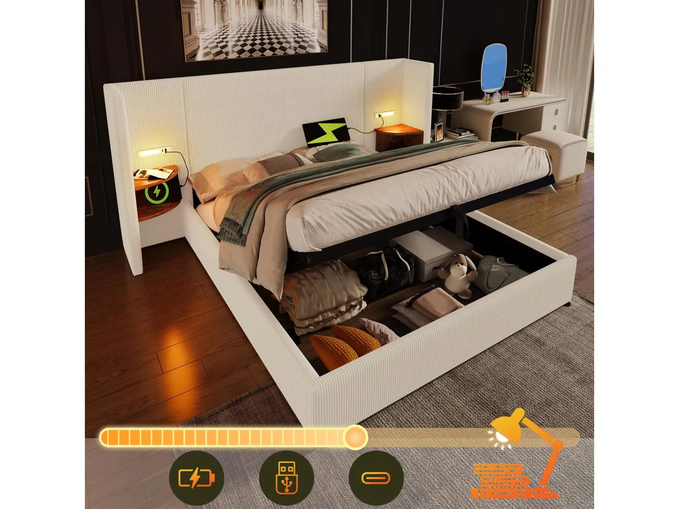 Stauraumbett 160 x 200 cm mit großem Kopfteil und Nachttischen – Leselampe und USB + Typ-C-Steckdosen – Leinenstoff – Creme (ohne Matratze)