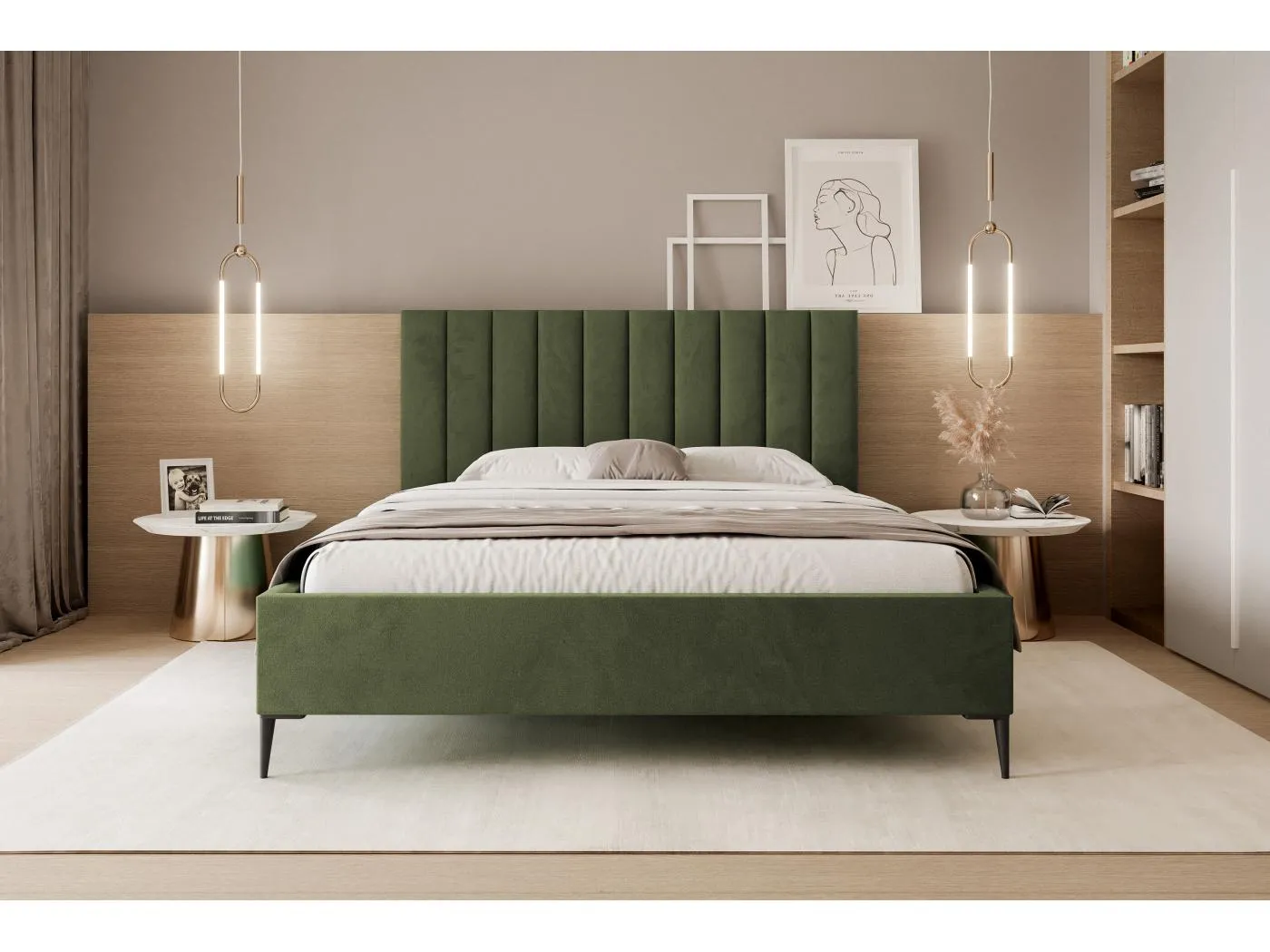 Mona SLIM III aus VELUTTO-Stoff, Komfortables Polsterbett - Ergonomische Rückenstütze 200x200 cm, Hellgrün