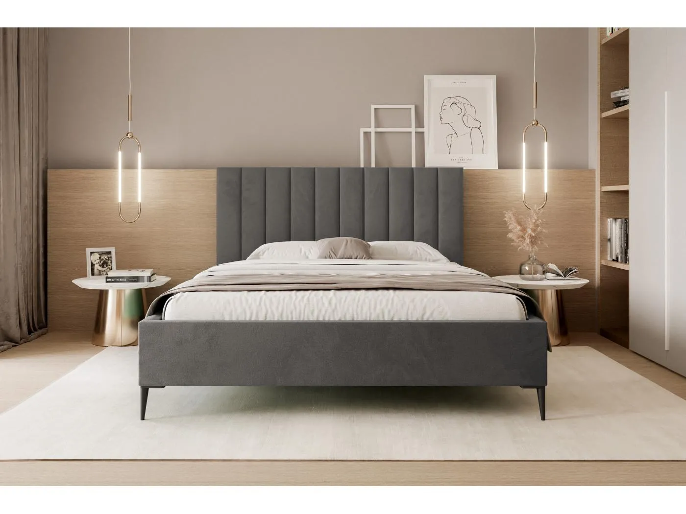 Mona SLIM III aus VELUTTO-Stoff, Bequemes Polsterbett - Ergonomische Rückenstütze 120x200 cm, Dunkelgrau