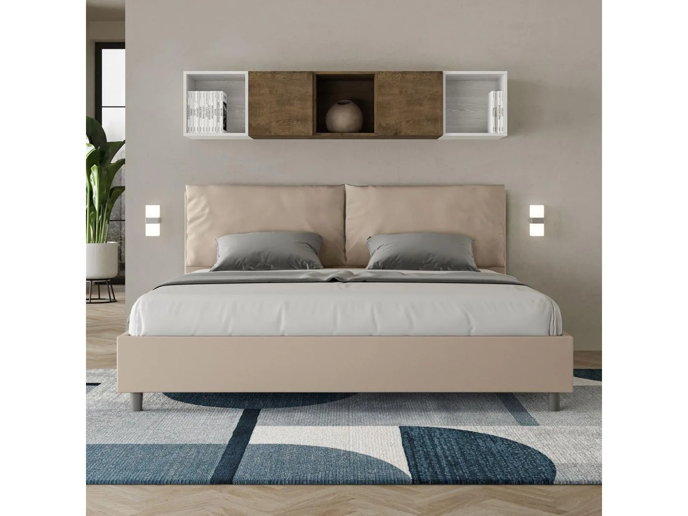 Gepolstertes Bett mit Bettkasten 200x210 mit Kunstlederbezug Taubengrau Antea Large