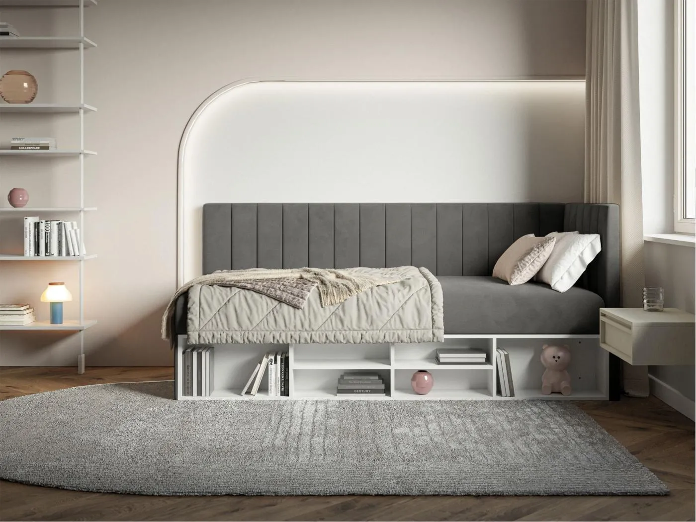 Jugendbett rechtsseitig mit Regalen, Easy-Clean-Samtbezug, dunkelgrau - VENTRIO