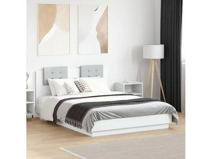 Bettgestell mit Kopfteil und LED-Leuchten Weiß 135x190 cm