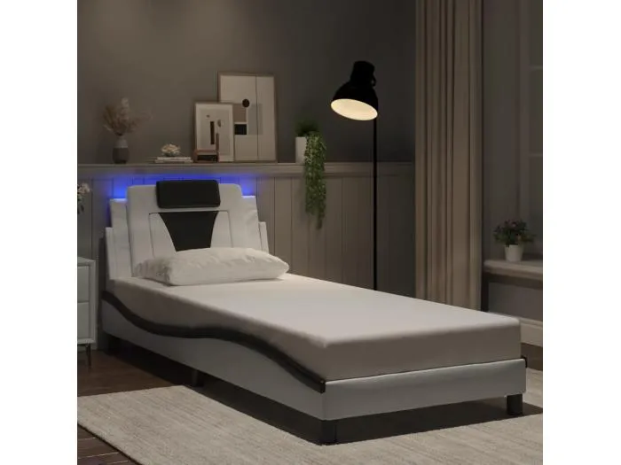 Bettgestell "Viana" mit LED ohne Matratze Weiß und Schwarz 90x190 cm Kunstleder