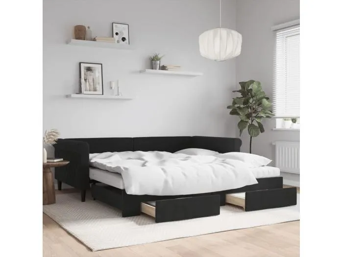 Tagesbett Ausziehbar mit Schubladen Schwarz 100x200 cm Samt