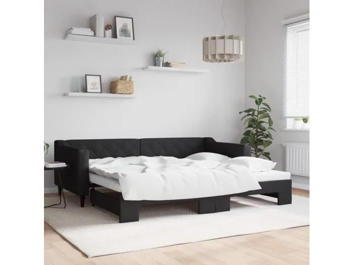 Tagesbett Ausziehbar Schwarz 90x200 cm Stoff