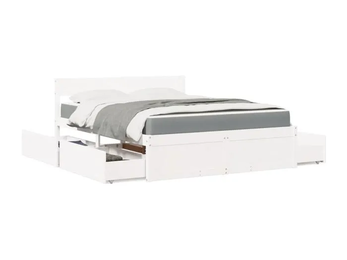 Bett mit Schubladen und Matratze Weiß 160x200 cm Massivholz