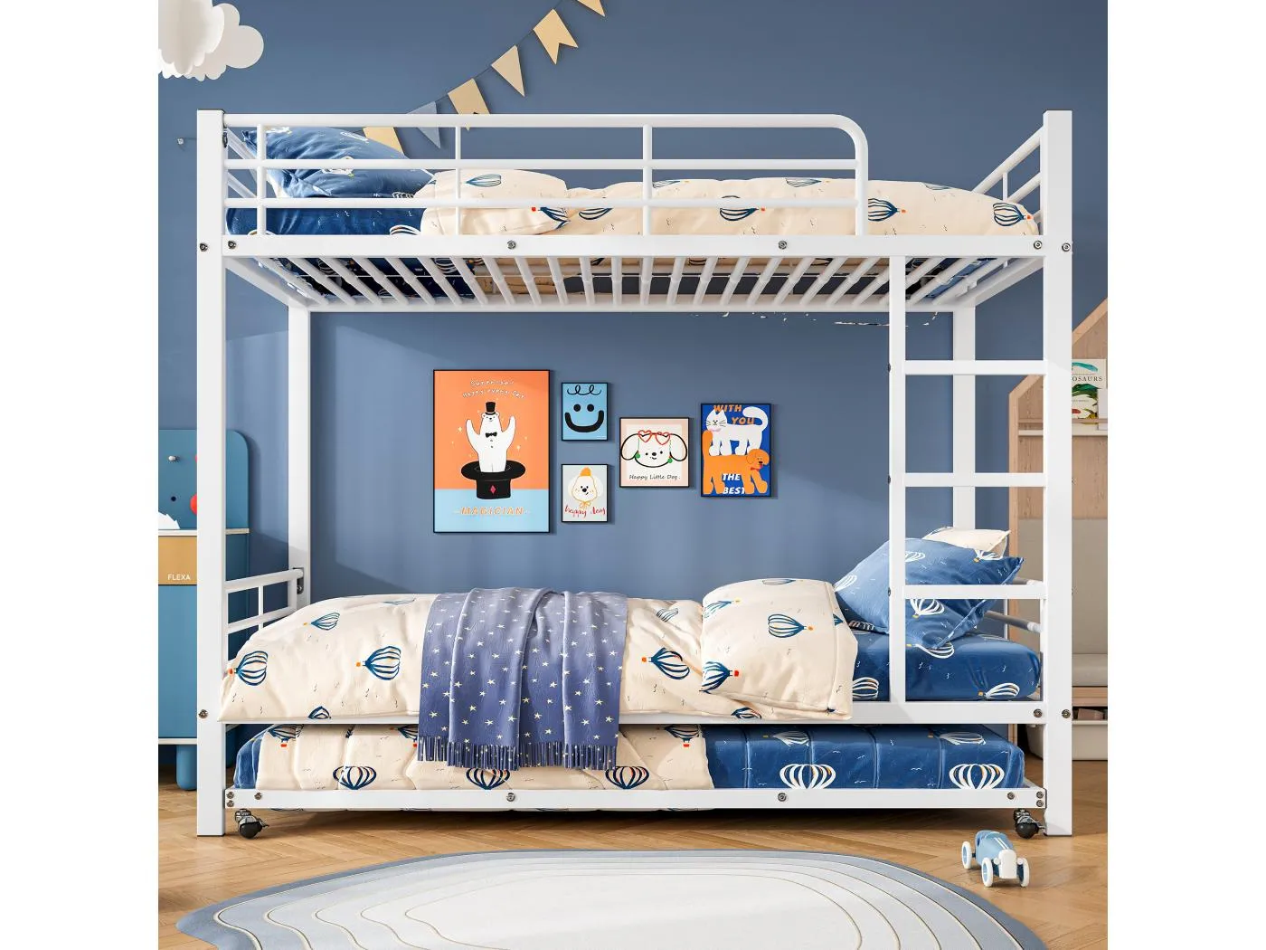 Etagenbett mit Ausziehbett - 90 x 200 cm - für Kinder und Jugendliche - mit vier Seitengittern - aus Eisen - weiß