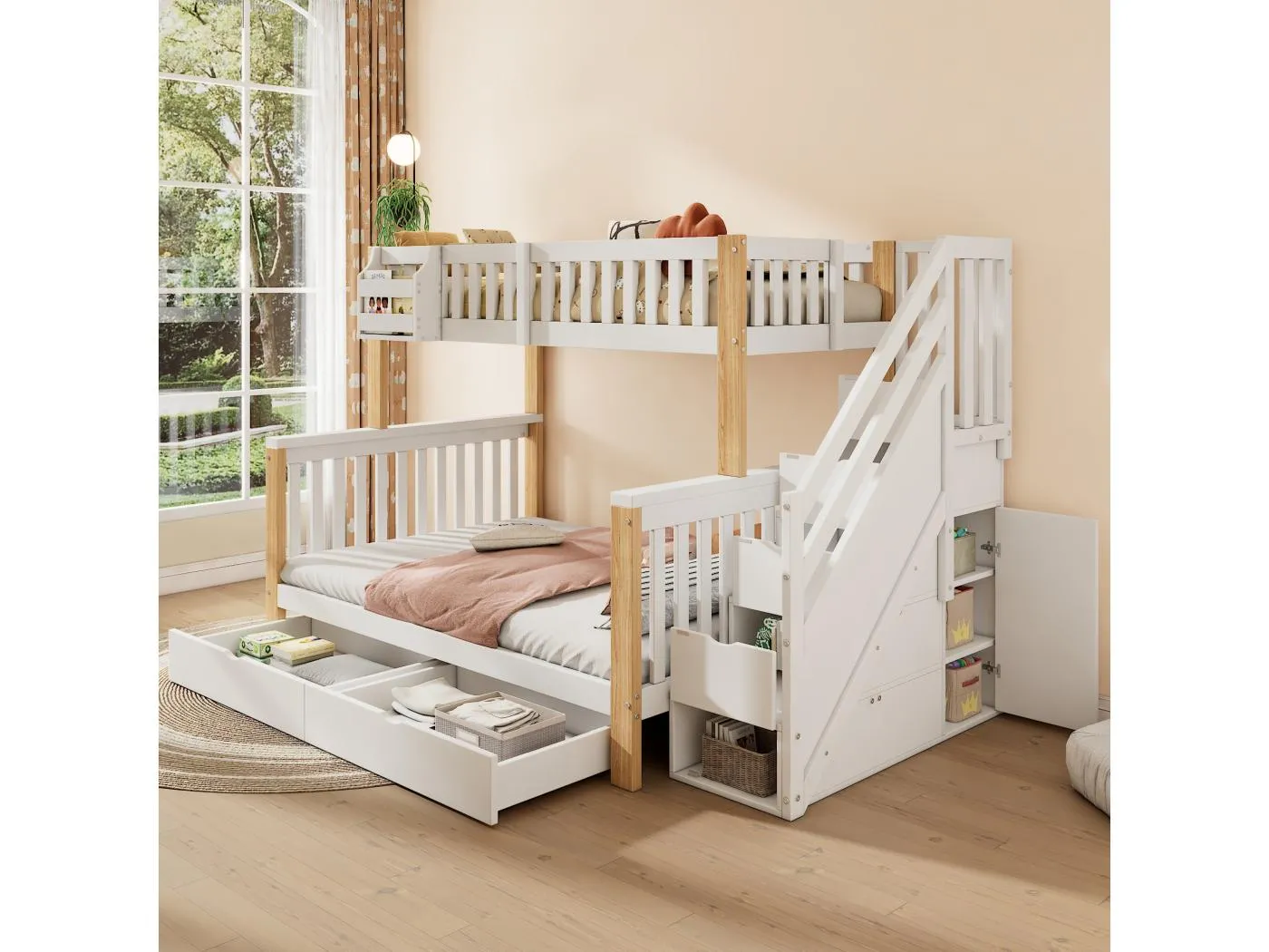 Kinder-Etagenbett mit Stauraum - 140 x 200 cm - mit Schublade und Treppenschrank - Massivholz - weiß + natur