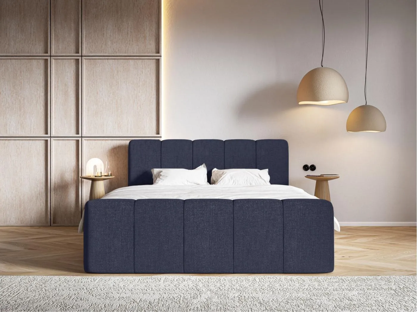 Boxspringbett 160x200 - mit Bettkästen und Topper - Chenille Marineblau - CLOUDY II