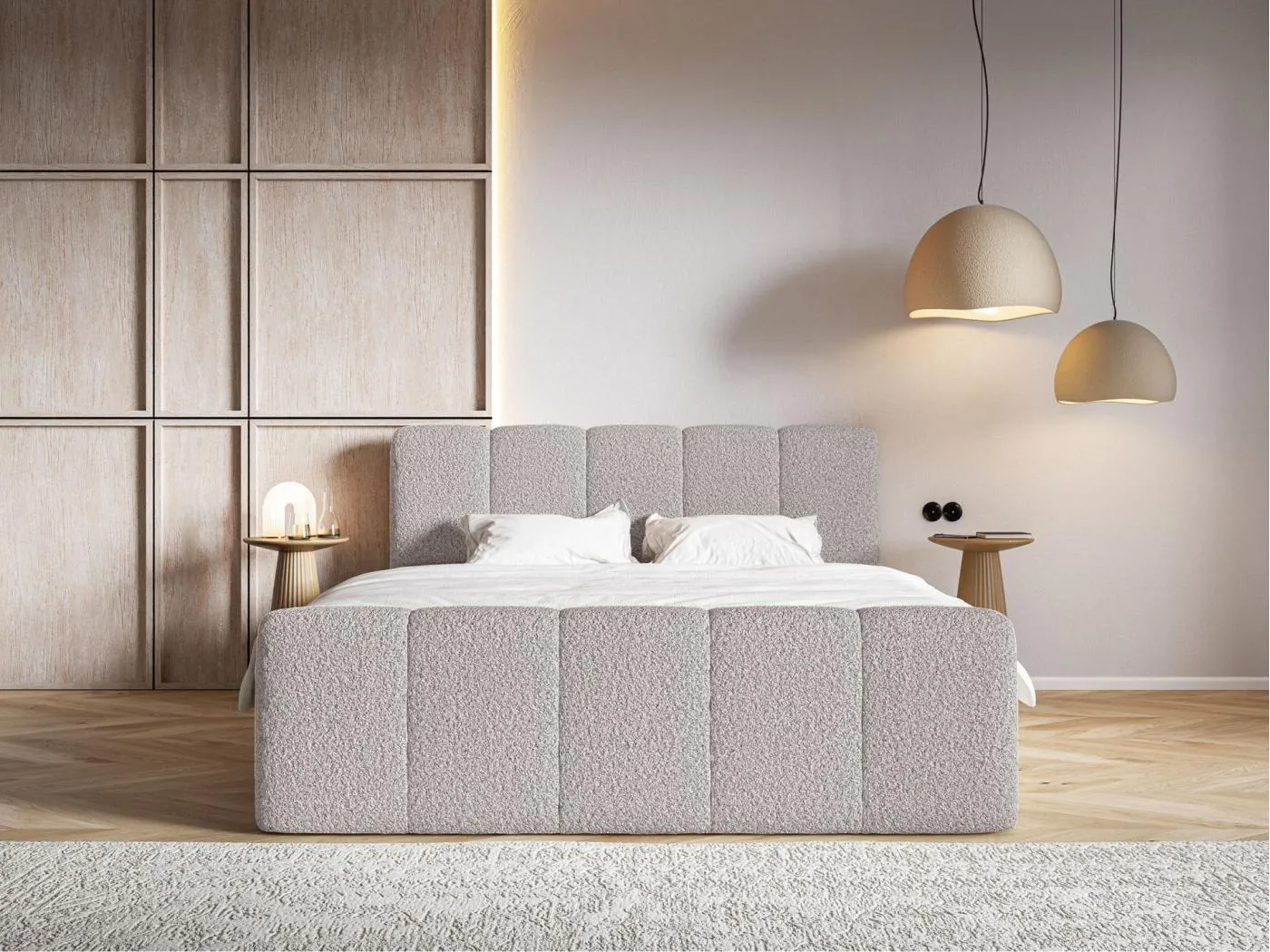 Boxspringbett 140x200 - mit Bettkästen und Topper - Bouclé Taupe - CLOUDY II