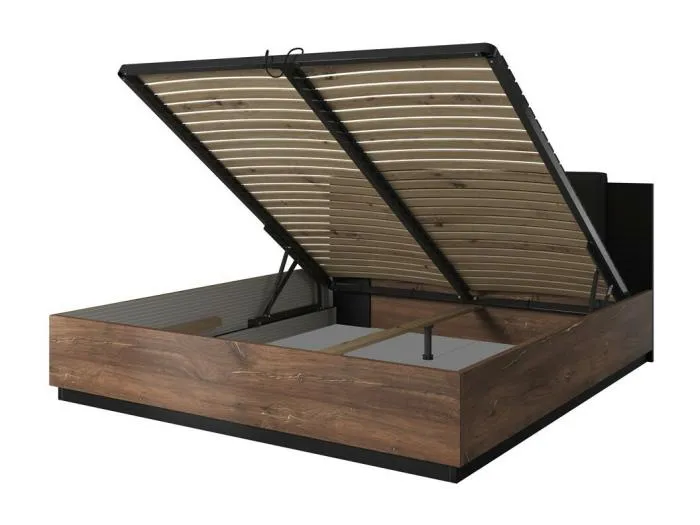 Lit coffre 180x200 – Dunkle Eiche und Schwarz – Kollektion FOX – Lattenrost inklusive