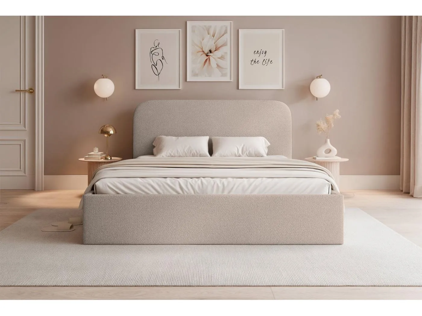 Polsterbett 180x200 mit Bettkasten - Chenille - beige - SONVIVO