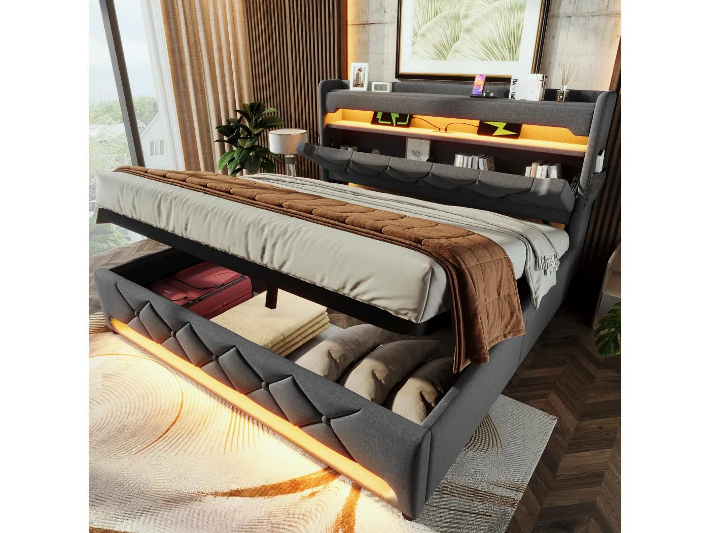 Gepolstertes Doppelbett mit Stauraum – 140 x 200 cm – 360° LEDs + Kopfteil mit USB und Typ C – Leinenstoff – grau