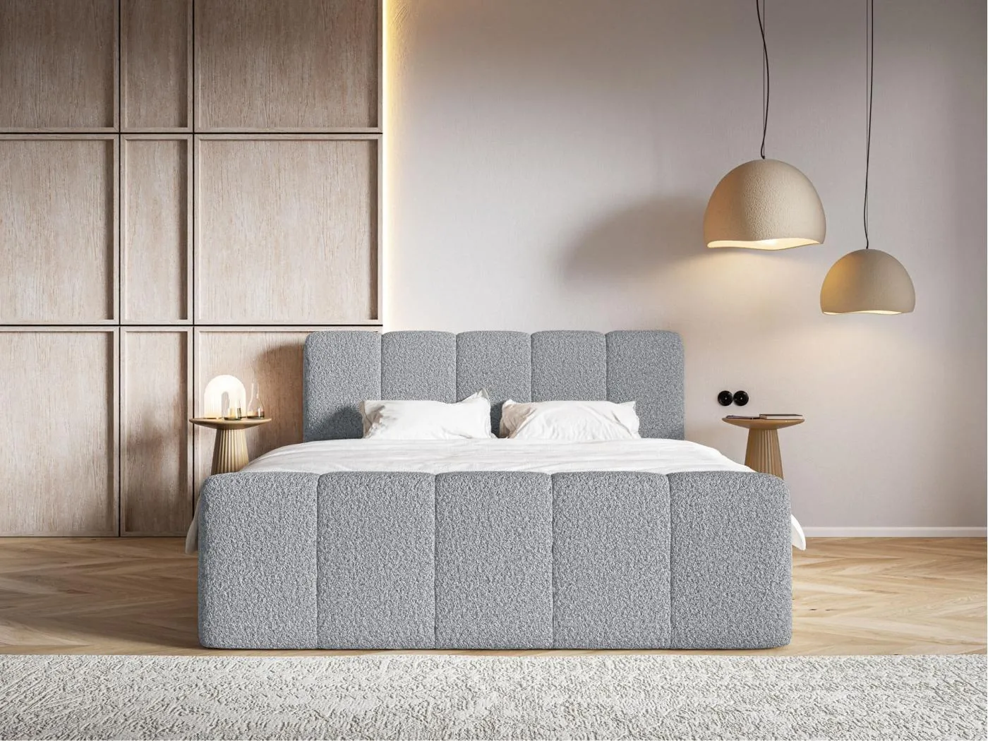 Boxspringbett 200x200 - mit Bettkästen und Topper - Bouclé Grau - CLOUDY II