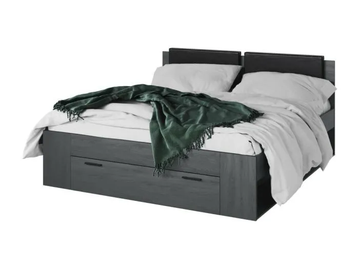 Erwachsenenbett 180x200 mit Lattenrost und integrierten Schubladen - Kollektion FLOYD. Farbe: Grau, Holzeffekt.