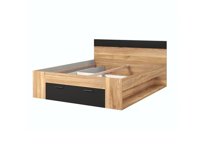 Erwachsenenbett 180x200 mit integrierten Schubladen und Lattenrost. Kollektion EOS. Farbe helles Eichenholz und Schwarz.