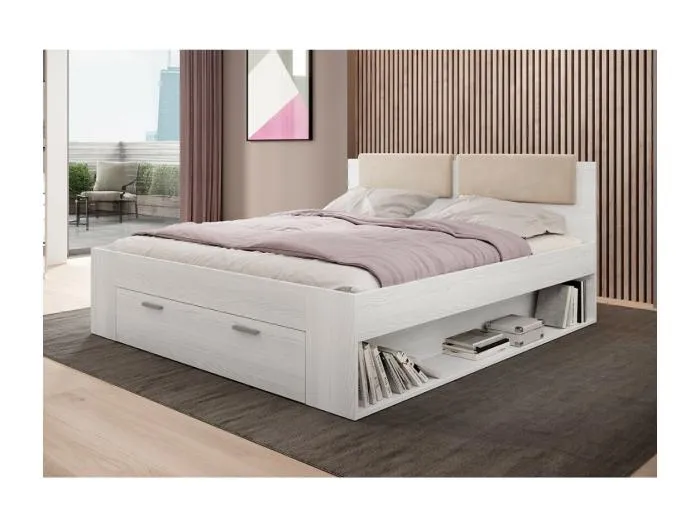 Erwachsenenbett 160x200 mit integrierten Schubladen - Kollektion FLOYD. Farbe: Weiß mit Holzeffekt.