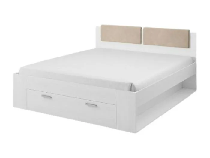 Erwachsenenbett 140x200 mit integrierten Schubladen - Kollektion FLOYD. Farbe: Weiß, Holzeffekt.