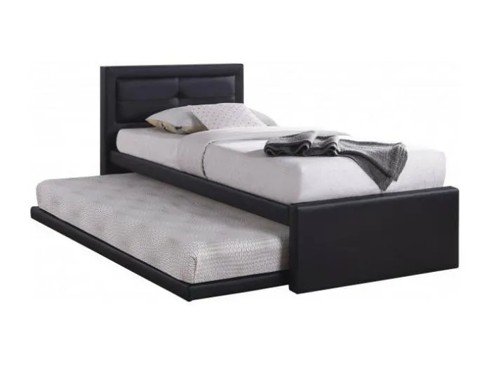 Bett mit Ausziehbett RODAN 90x200 cm in schwarzem Kunstleder, Lattenrost inklusive.