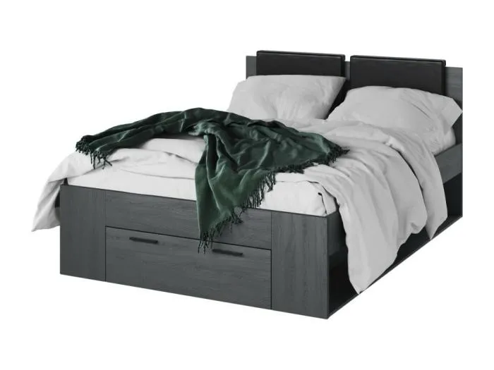 Erwachsenenbett 140x200 mit integrierten Schubladen - Kollektion FLOYD. Farbe: Grau mit Holzeffekt.