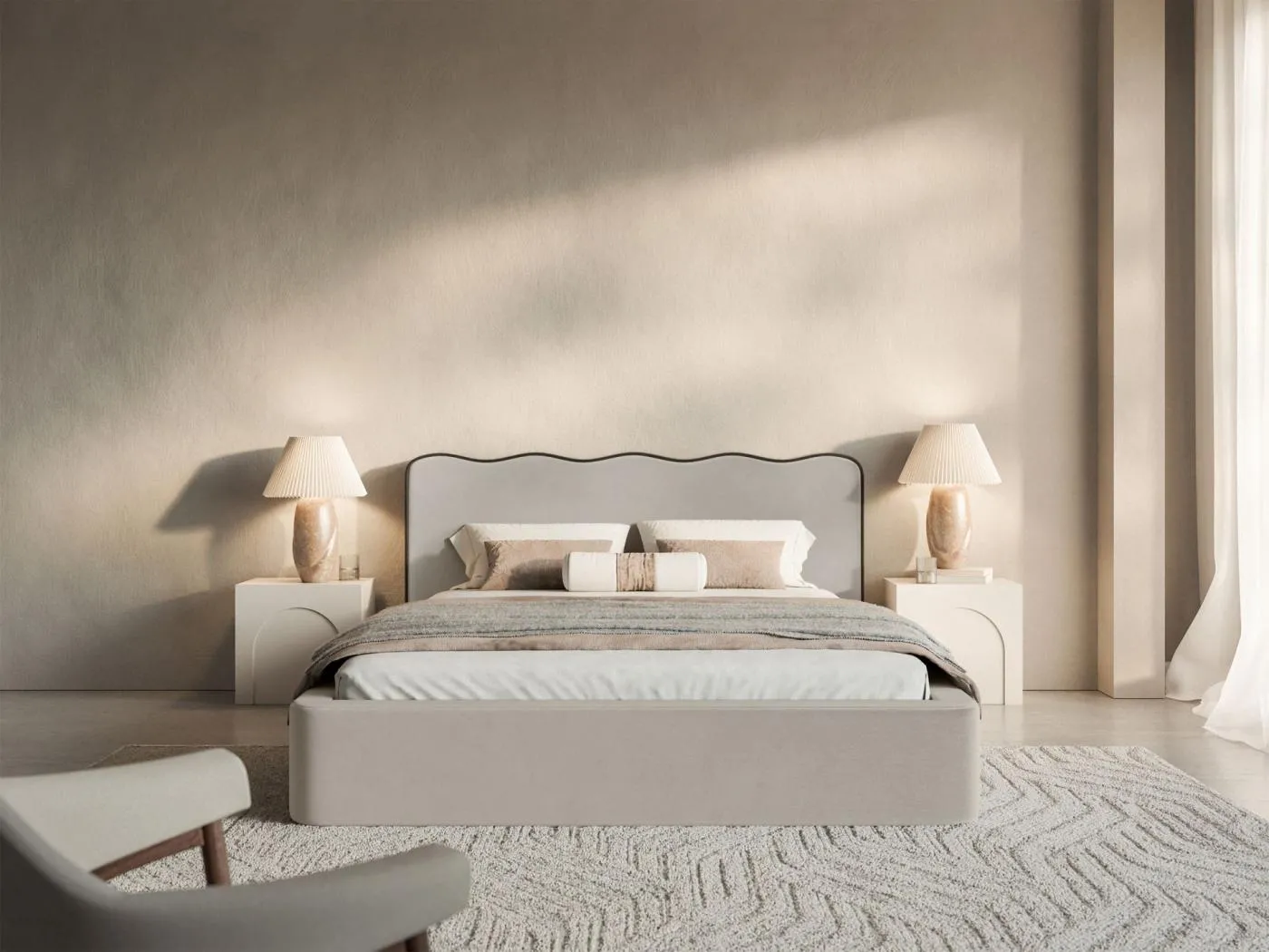 Polsterbett 200x200 - mit Bettkasten und Veloursbezug - Beige - DUNEY