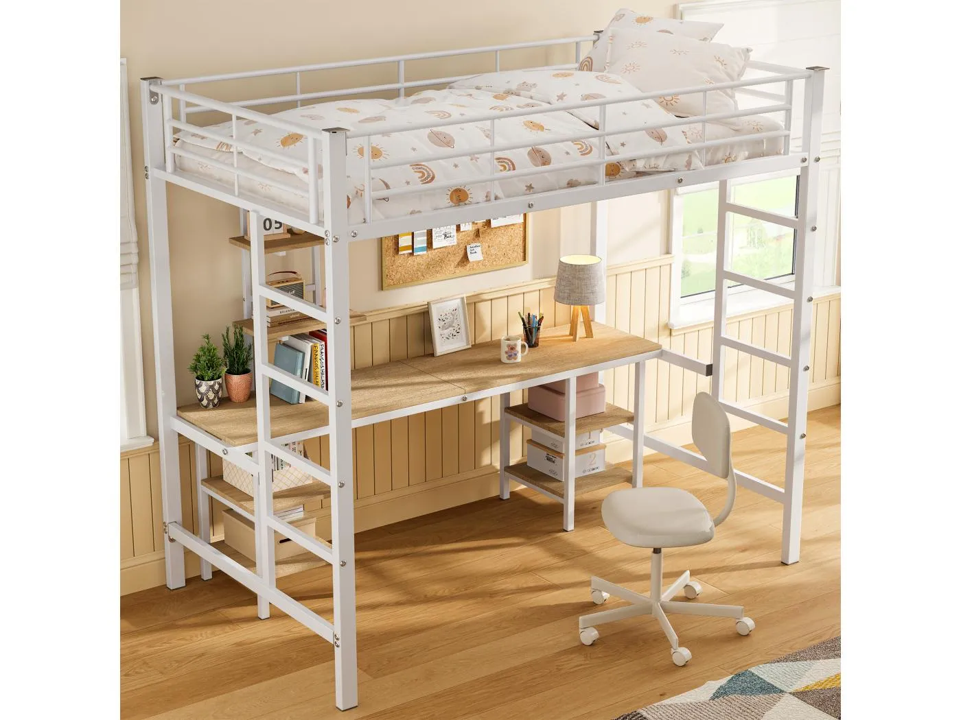 Kinderhochbett - 90 x 200 cm - mit Tisch und Ablageflächen - Eisen + MDF - weiß