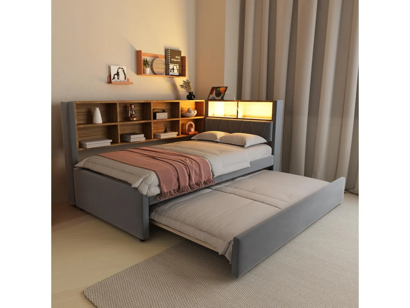 Gepolstertes Ausziehsofa - 90 x 200 cm + 90 x 190 cm - LEDs und Steckdosen - mit Stauraum - Flanell + Metall + Sperrholz + MDF - dunkelgrau