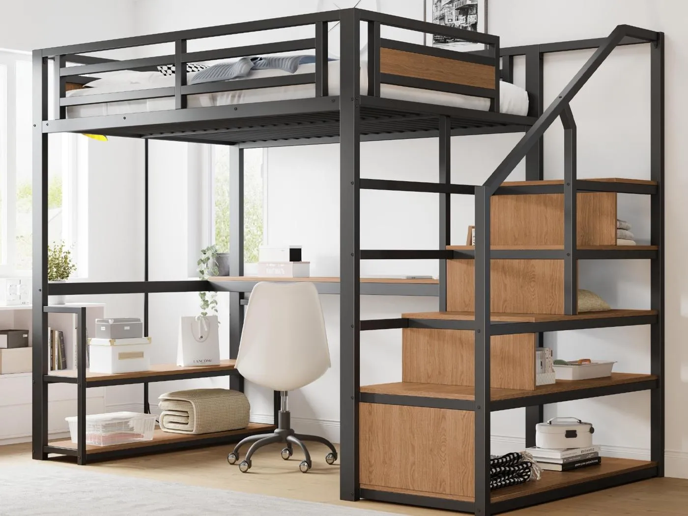 140x200 cm Metall-Hochbett - mit Stauraumleiter und Schreibtisch - Schwarz